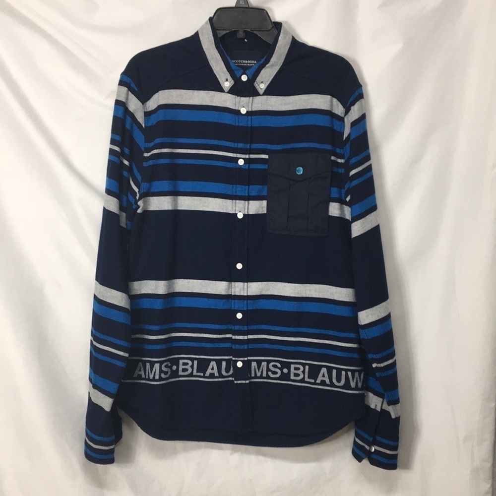 Scotch And Soda Mens Blue and Gray Flannel Shirt Size Large Like-New Condition